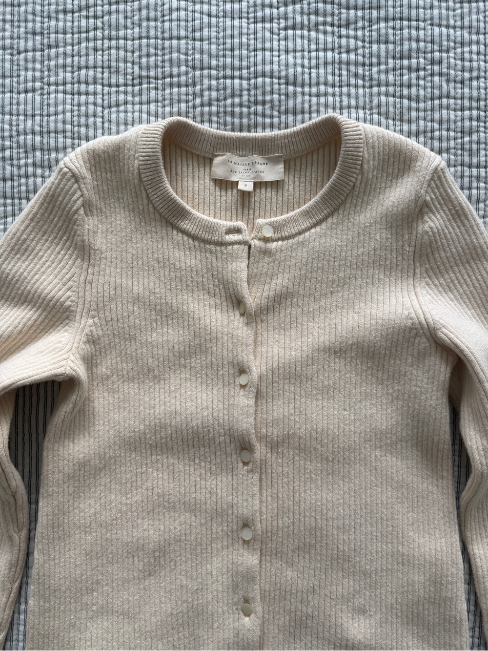 Sezane Cream Ribbed Button-Up Cardigan
